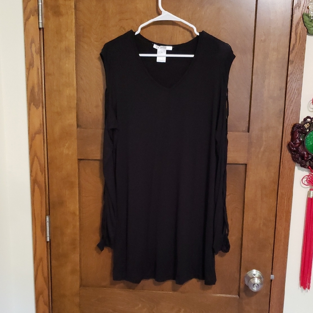 Rayon/spandex v-neck mini dress with criss/cross open top sleeves-new.